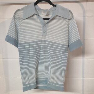 Vintage JCPenney Mens Blue White Striped Knit Polo Shirt Short Sleeve 70s Mod M